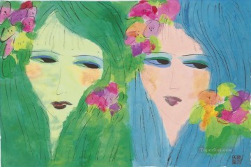 Dos damas con flores en el pelo moderno. Pinturas al óleo
